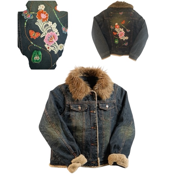Lapis Jackets & Blazers - Vintage 90s Fur Denim Jacket Small  Embroidered Patches,‎ Beads Floral Butterfly